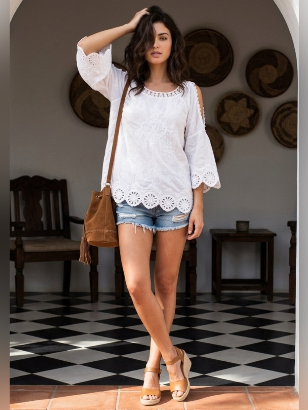 Democracy White Lace Crochet Bell Sleeve Blouse